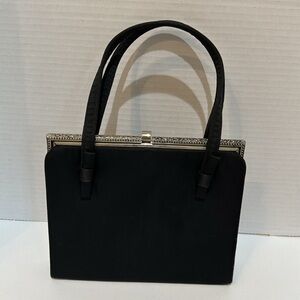 After Five Vintage Purse Black Double Handles Floral Silvertone Frame